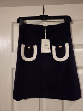 Navy Knit A-Line Skirt with White Trim Pocket Detail